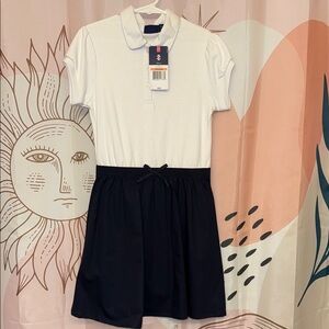 Izod White Polo Dress with Button Down Collar. Girls Size 7. Navy Blue and White